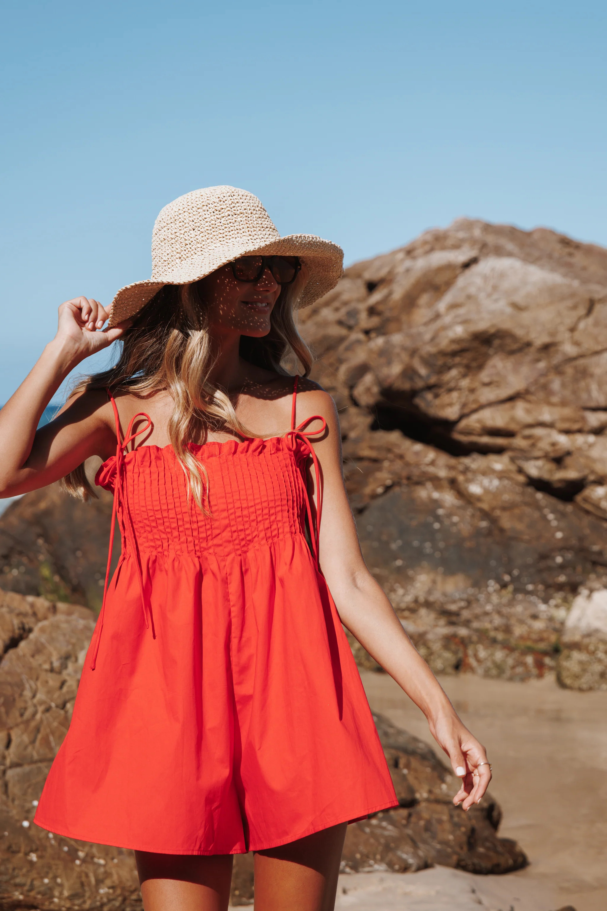 Liora Pleated Romper - Red | Petal & Pup (US)