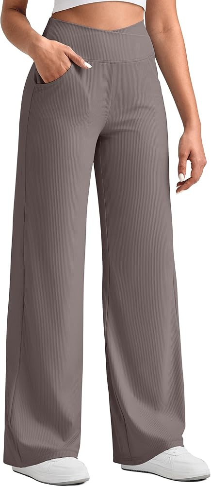 G4Free Ribbed Wide Leg Pants Women Breathable Stretchy Lightweight Cross Waist Yoga Pants with Po... | Amazon (US)