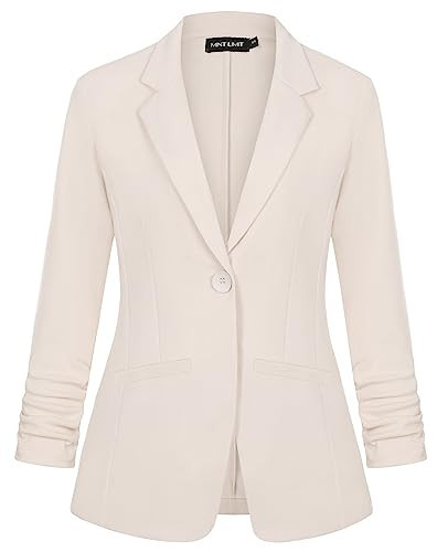 MINTLIMIT Women's Casual Blazer Jacket 3/4 Sleeve Notched Lapel Blazer Jacket Suits Button Slim Blazers, Beige, L | Amazon (US)