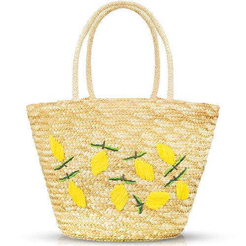 QTKJ Summer Straw Bag, Beach Bag for Women, Handwoven Handbag Vintage Lemon Pattern Embroidery, Large Rattan Tote Bag Suitable for Vacation Seaside Travel | Amazon (US)