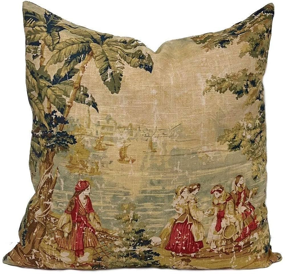 Cotton Linen Bosporus Vintage Toile Throw Pillow Cover, Cushion Cover, Antique Red Home Decor, Eu... | Amazon (US)