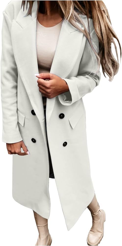 Women's Faux Wool Elegant Coat Collar Lapel Open Double Breasted Trench Jacket Slim Long Pea Coat... | Amazon (US)