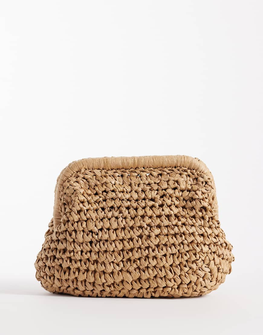 ASOS DESIGN hand crochet straw frame clutch bag with detachable crossbody strap in natural-Neutral | ASOS (Global)