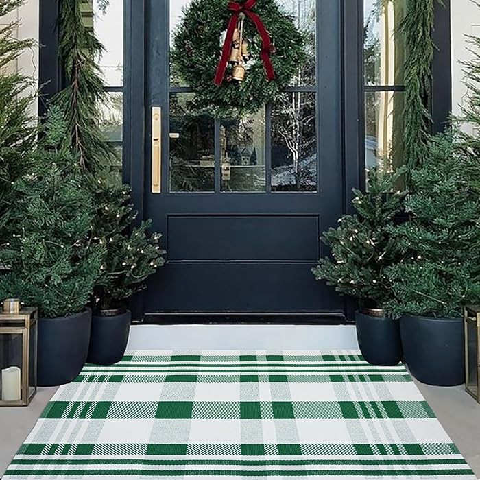 Christmas Door Mat Outdoor 27.5” x 43” Green and White Plaid Rug Christmas Decor Rug Cotton H... | Amazon (US)
