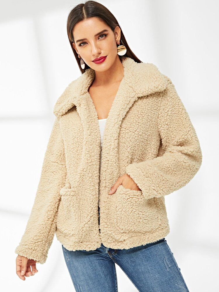 Pocket Front Teddy Coat | SHEIN