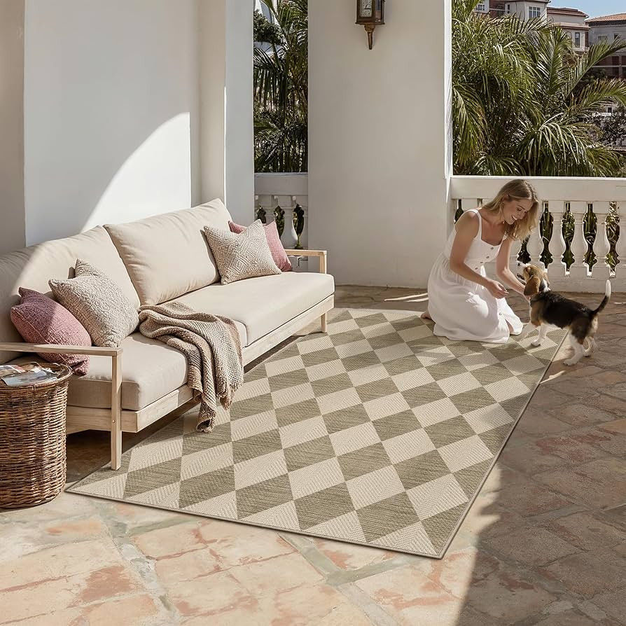 Outdoor Patio Rug 3x5 Beige/White Checkered Area Rug Linen-Look Washable Indoor Outdoor Living Ro... | Amazon (US)