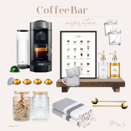 This coffee bar inspiration includes a Nespresso single serving coffee maker, a wood tray, decorative coffee art, a cream and sugar set, glass coffee mugs with gold spoons, syrup dispensers, glass lidded jars, and tea towels. 

Coffee bar idea, home decor, Amazon home 

#LTKfindsunder50 #LTKstyletip #LTKhome