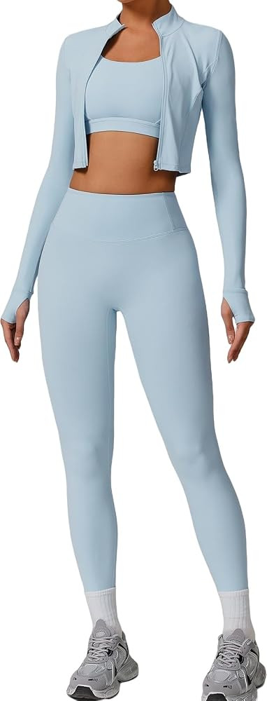 3 Piece Women Workout Set Sports Bra Crop Top Jacket with Thumb Holes Tummy Control High Waist Le... | Amazon (US)