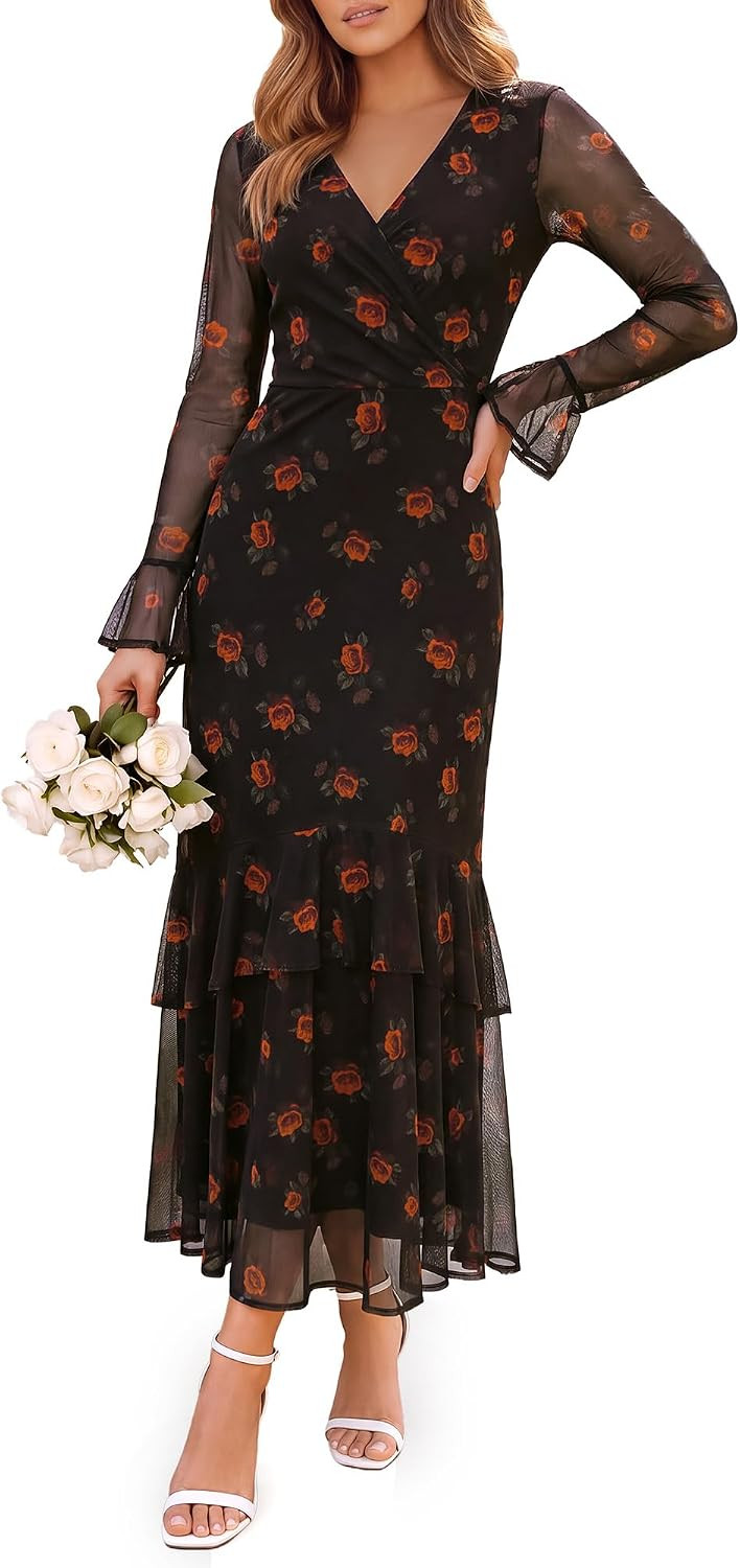 OURIN Sexy Wrap V Neck Bell Sleeve Goth Fall Wedding Guest Maxi Dresses | Amazon (US)