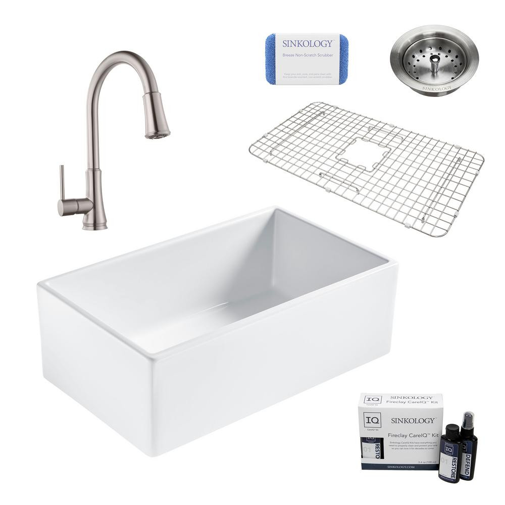 Bradstreet II All-in-One Farmhouse Fireclay 30 in. Single Bowl Kitchen Sink with Stainless Faucet... | The Home Depot
