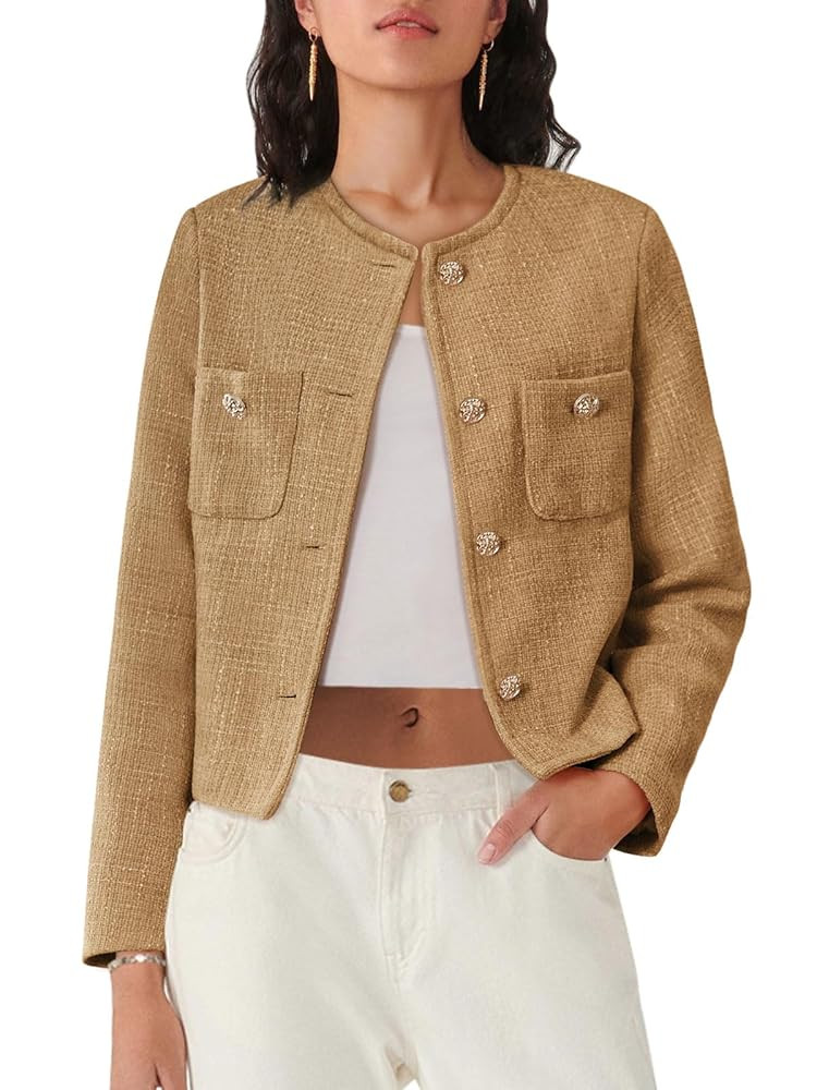 Women's Tweed Blazers Long Sleeve Business Button Down Casual Cropped Blazer Jackets with Pockets | Amazon (US)