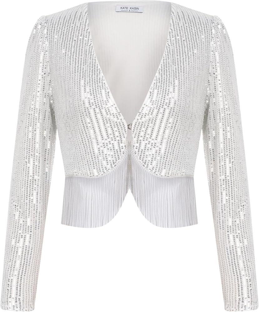 Kate Kasin Womens Sequin Jacket Long Sleeve Cropped Top Open Front Fringe Party Shrug with Liner | Amazon (US)