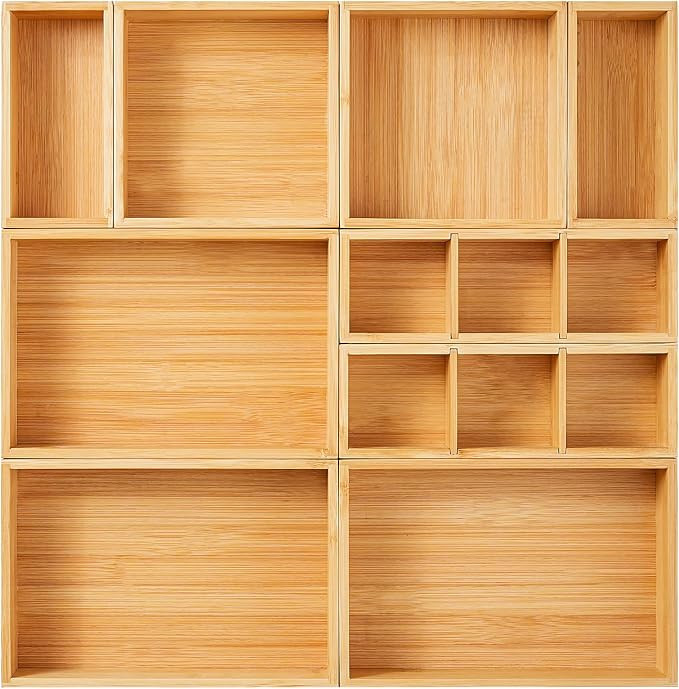 Fabsome Drawer Organizer, Set of 9 Bamboo Wood Kitchen Makeup Desk Junk Tea Drawer Storage Boxes ... | Amazon (US)