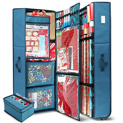 Hearth & Harbor Wrapping Paper Storage Container with Ribbon Dispenser and Interior Pockets - Large Christmas Storage Containers with Wheels, Fits 30 Rolls of 40" Length, Blue | Amazon (US)