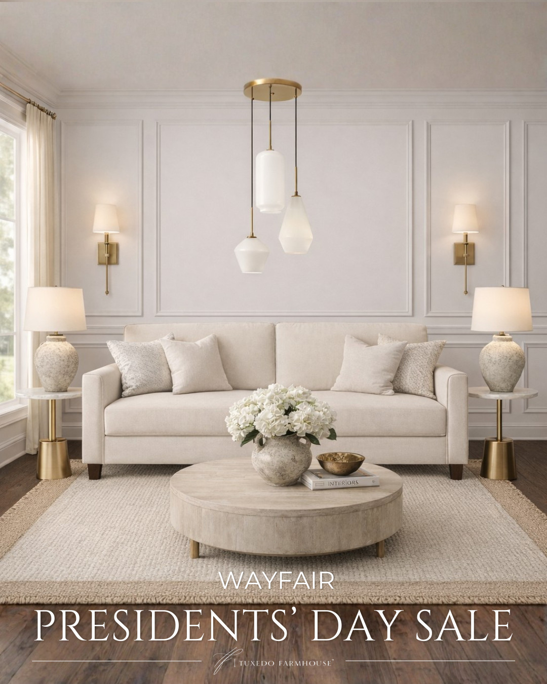 Wayfair - Presidents' Day Sale

Soft neutrals, timeless silhouettes, and just the right touch of brass ✨
This living room is all about quiet elegance—an inviting upholstered sofa layered with plush pillows, sculptural ceramic lamps that glow beautifully, and a round wood coffee table styled with classic accents. Finished with a tailored rug and delicate floral arrangement, every piece feels considered, refined, and effortlessly livable. A space designed to feel calm, elevated, and truly at home. Create this look for less!

Seasonal, home decor, accent chairs, rugs, wall art, frames, pillows, lamps, baskets, candles, books, coffee tables, ottomans, trays, bowls, consoles, accent tables 

 #LTKSeasonal #LTKHome