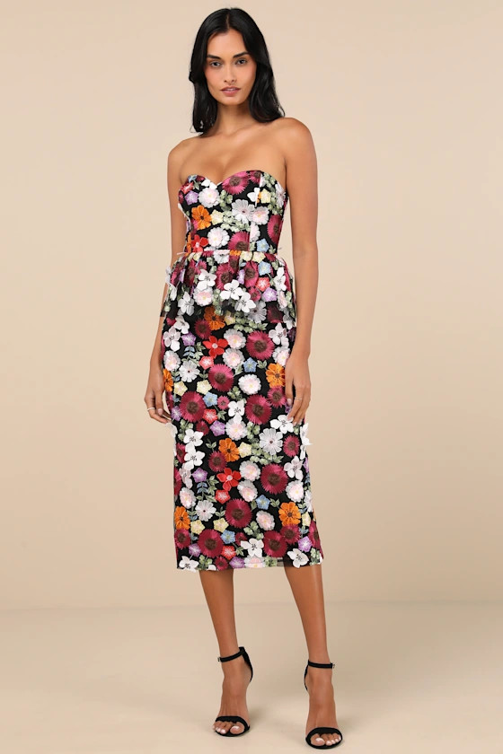 Fabulous Display Black Multi 3D Floral Strapless Midi Dress | Lulus