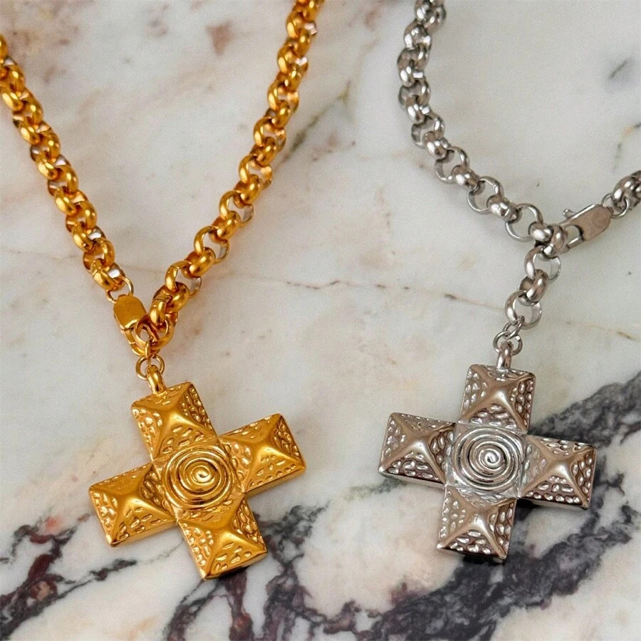 Aritio 1pc Vintage Punk Style 18K Gold-Plated Stainless Steel Water Spin Bead Chain Cross Pendant... | SHEIN
