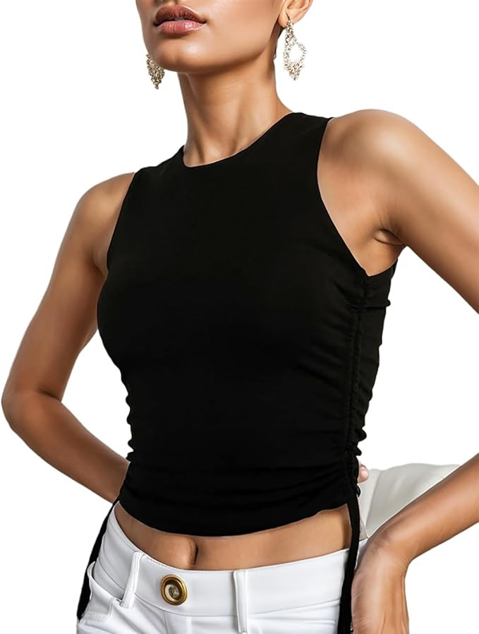 Vest Tank Top for Women Side Drawstring Workout Crop Top Slim Fitted Going Out Runing Sport T-Shi... | Amazon (US)