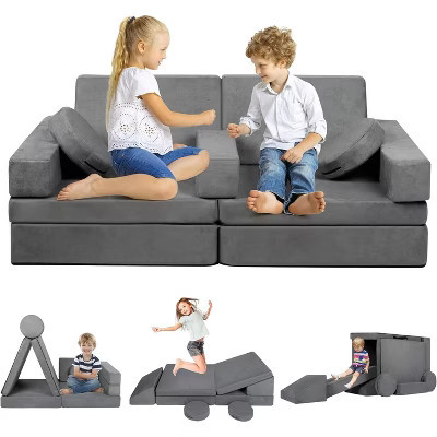 Kinder King 9PCS Kids' and Toddlers Convertible Sofa and Play Set Modular Foam Couch and Flip Out Lounger Indoor Furniture for Playroom Gray | Target