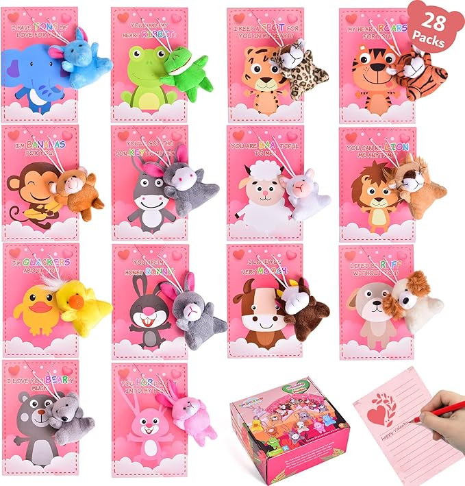 FUN LITTLE TOYS 28 Packs Valentines Day Cards with Mini Animal Plush Toy Set, Cute Small Stuffed ... | Amazon (US)