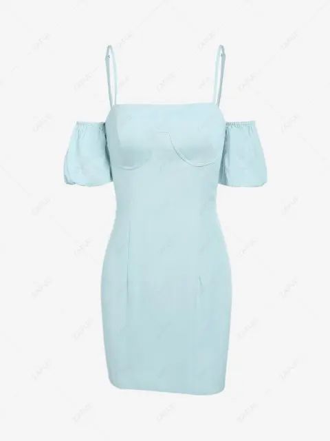 ZAFUL Puff Sleeve Cold Shoulder Cutout Dress - Light Blue M | ZAFUL (Global)