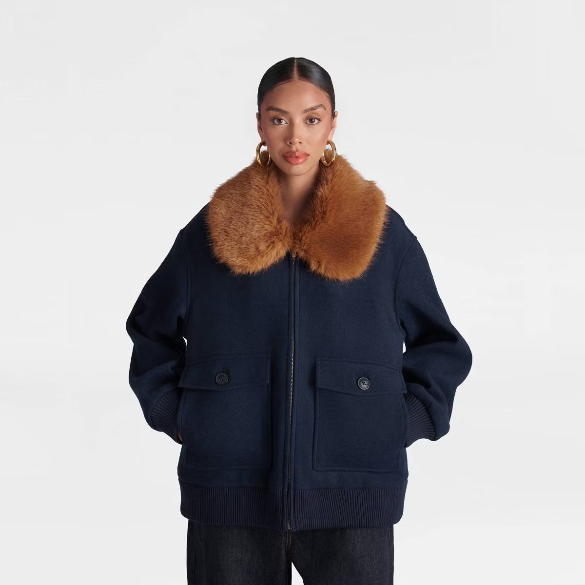KBB by KAHLANA Women's 'The Faux Fur Collar Bomber' - Navy Blue/Teddy Brown | Target