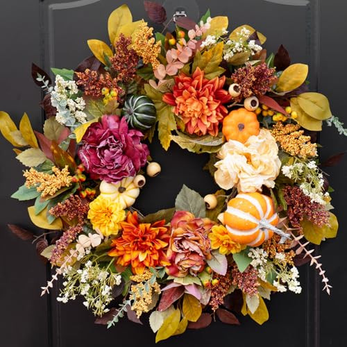 Fall Wreaths for Front Door 24 Inch Beautiful Fall Wreath with Pumpkins, Artificial Flowers & Leaves Harvest and Thanksgiving Pumpkin Fall Door Wreath for Indoor & Outdoor Autumn Decor | Amazon (US)