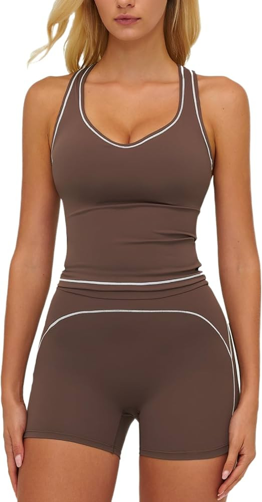 Women's 2 Piece Workout Sets Tank Top High Waist Shorts Gym Yoga Outfits Contrast Piping Activewe... | Amazon (CA)