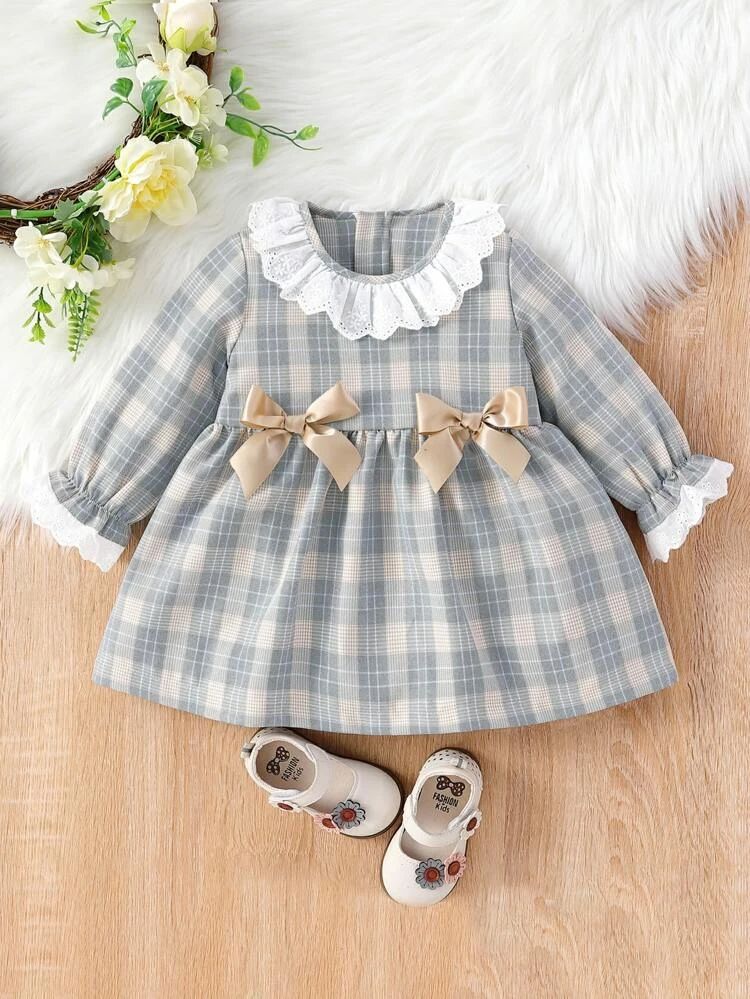 Baby Plaid Eyelet Embroidery Trim Flounce Sleeve Bow Front Dress | SHEIN
