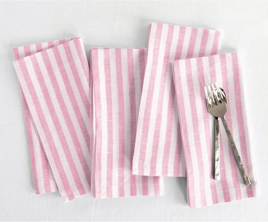 Solino Home Linen Napkins Set of 4-100% Pure Linen Amalfi Stripe Cherry Blossom and White Cloth D... | Amazon (US)