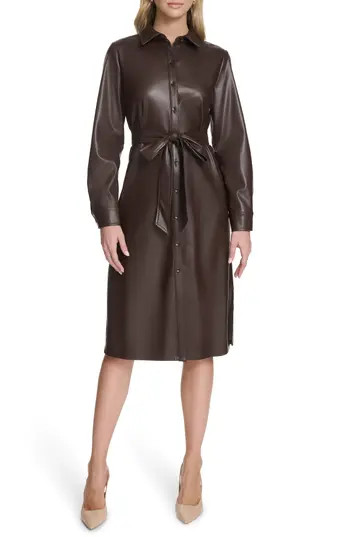 Calvin Klein Long Sleeve Faux Leather Shirtdress in Coffee Bean at Nordstrom Rack, Size 6 | Nordstrom Rack
