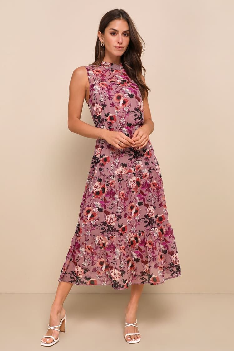 In My Dreams Mauve Floral Print Midi Dress | Lulus