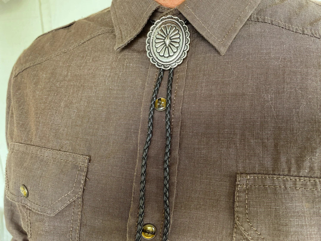 Southwestern Silver Concho Bolo Tie – Black Leather Cord Cowboy Necktie - Etsy | Etsy (US)