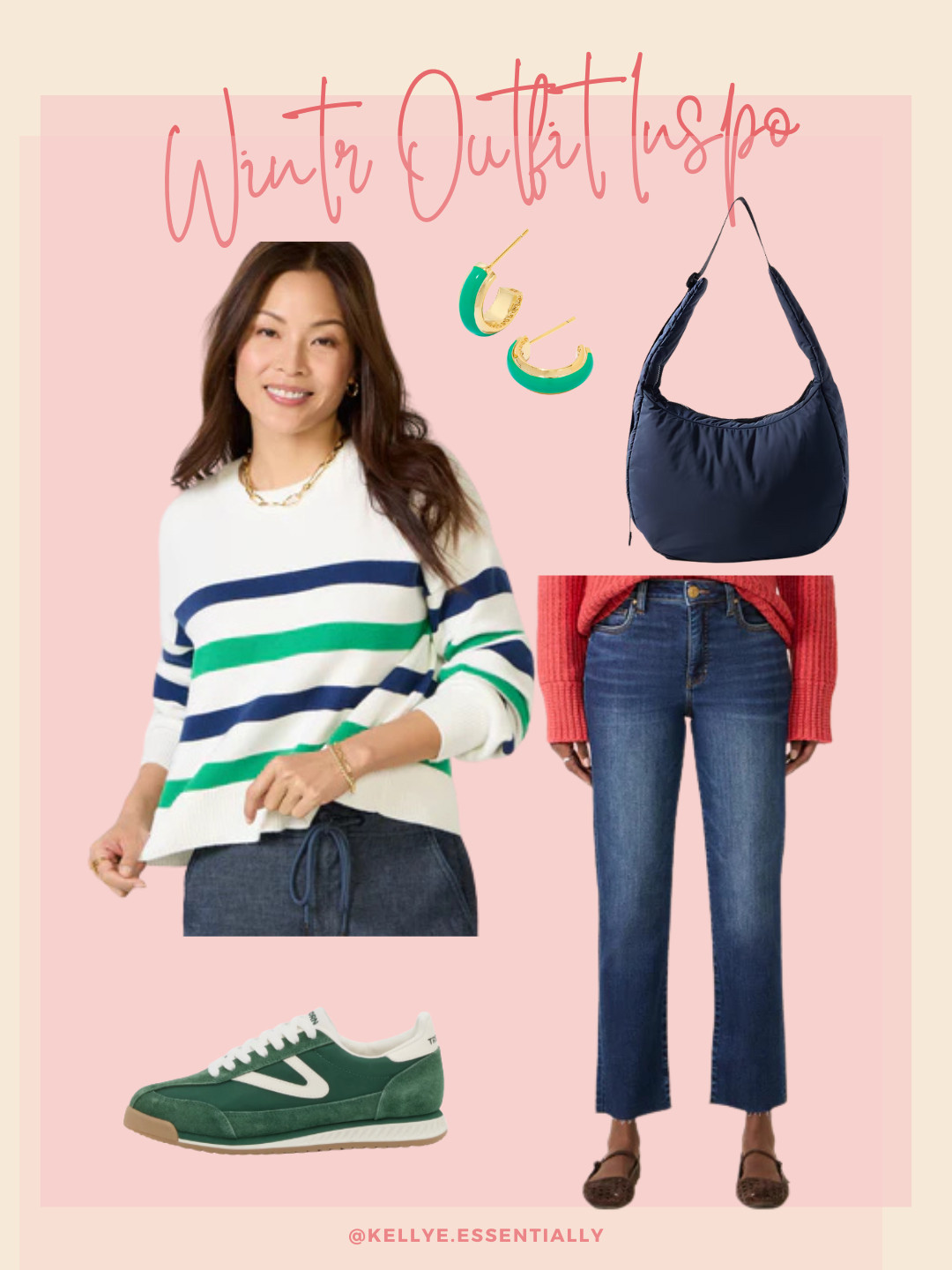 A cozy striped sweater paired with straight leg jeans creates a relaxed but pulled-together vibe. Add comfy sneakers, simple gold / green hoops, and a lightweight shoulder bag for everyday errands, travel days, or casual weekends. 

 #LTKootd #LTKSeasonal