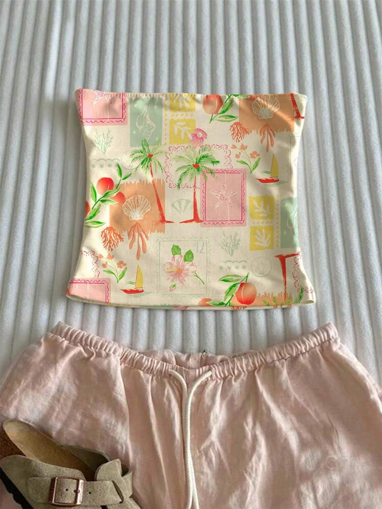 Glimmora Women's Tropical Fruit & Coconut Tree Print Beach Vacation Bandeau Top | SHEIN