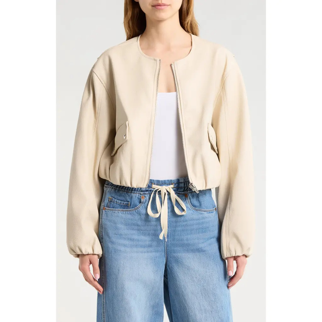 BLANKNYC Faux Leather Coated Collarless Bomber Jacket in Picture Perfect-Stone at Nordstrom, Size Medium | Nordstrom