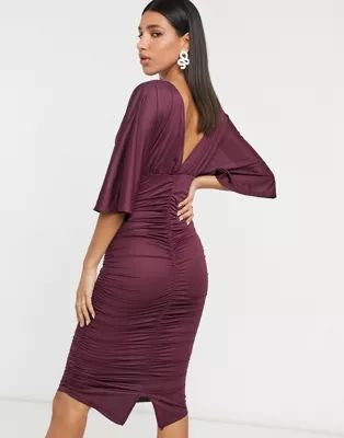 ASOS DESIGN kimono sleeve ruched midi dress in plum | ASOS (Global)