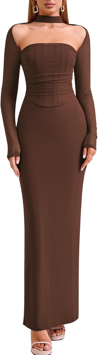 HTZMO Fall Wedding Guest Formal Long Sleeve Bodycon Maxi Dress for Women | Amazon (US)