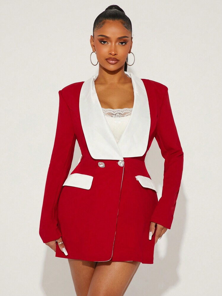 SHEIN SXY Christmas/Party/Gathering/Birthday Outfit, Cute Elegant Style Red Suit Jacket, Oversized Contrast Color Bow Decor On Back, For Autumn/Winter | SHEIN