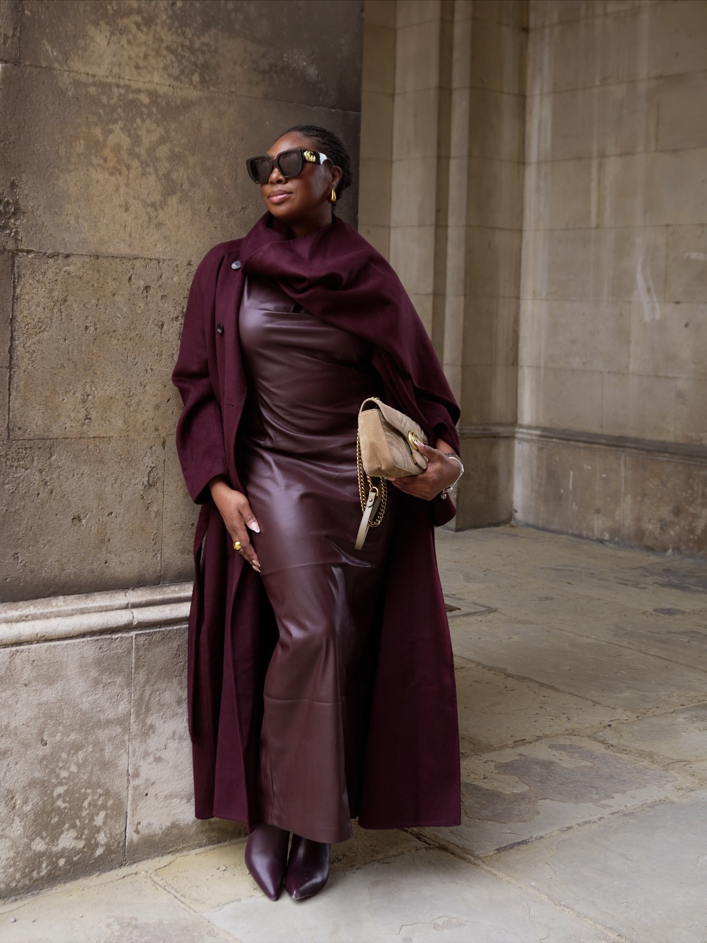 Fine like wine 🍇 #TheEricaEdit

- Coat @riverisland 
- Dress @veryuk 
- Boots @reiss 
- Marmont bag & Sunglasses @gucci 
- Gold ring & gold fin earrings @marksandspencer 
- Moments charm bracelet @theofficialpandora 
- Couture mini clutch palette @yslbeauty 
- I want choo with love @jimmychoo at @theperfumeshop 

#autumnootd #winterootd #burgandy #monochromatic #midsizeoutfits #wintercoat #highlowstyle #blackgirlluxury @marksandspencerstyle @riverislandpr #size14 @mavencommspr @lorealgroupe

#LTKstyletip #LTKeurope #LTKmidsize