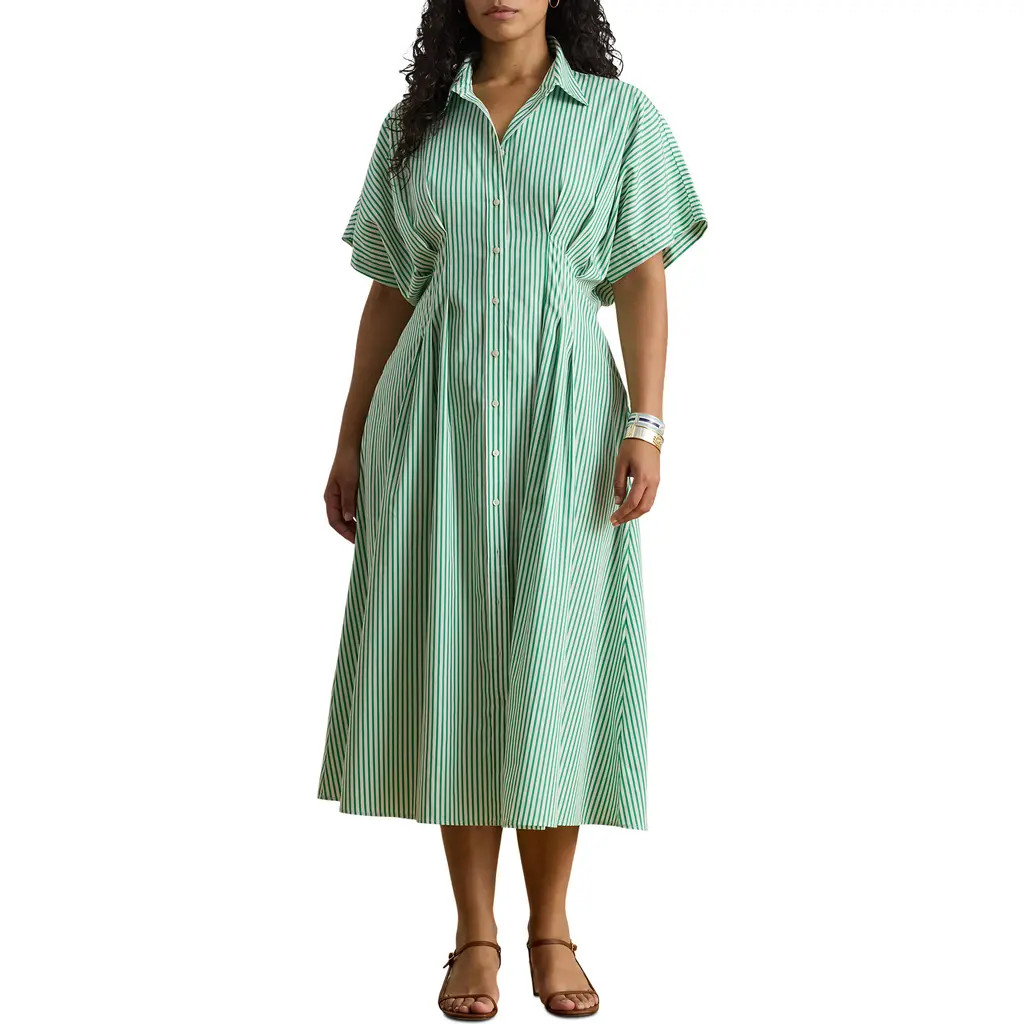 Lauren Ralph Lauren Stripe Gathered Waist Cotton Shirtdress in Green/White Multi at Nordstrom, Size 16W | Nordstrom
