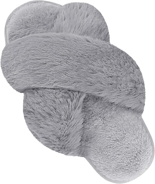 DOIOWN Women's Fuzzy Slippers Cross Band Fluffy Slippers Faux Fur Slippers Plush House Open Toe C... | Amazon (US)