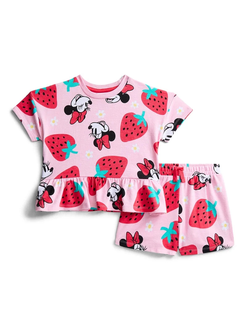 Minnie Mouse Baby Girls' Allover Print Short Sleeve Tee and Matching Shorts Set, 2-Piece, 0/2M-6/... | Walmart (US)