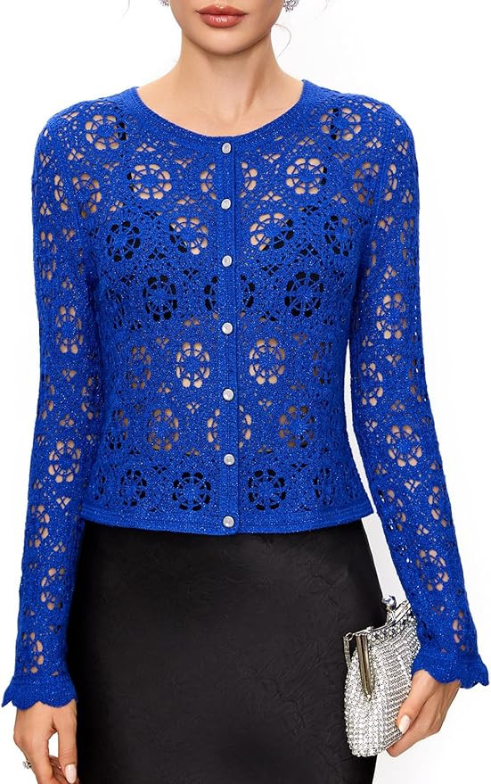 FAIRY SEASON Women's Crochet Cardigan with Golden Thread, Vintage Cropped Openwork Knit Sweater f... | Amazon (US)
