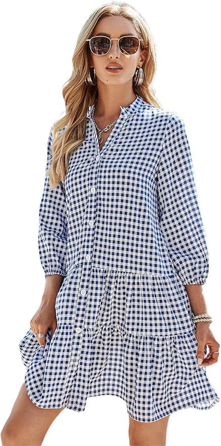 Floerns Women's Casual Button Front Notched Neck Ruffle Hem Swing Short Dress | Amazon (US)