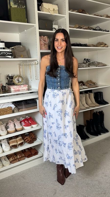 Denim tube top: tts (S)
Maxi skirt: true to size (S tall) 5’7” 
Boots: true to size, size up if between 

Western outfit / Country concert outfit / festival outfits 

#LTKVideo #LTKSaleAlert #LTKFestival