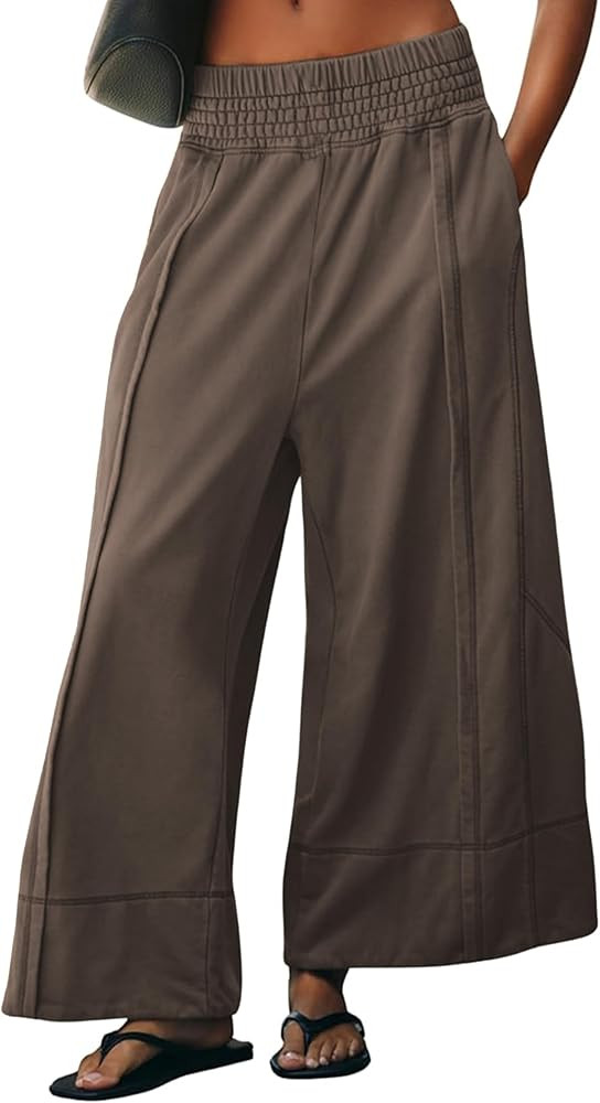 Womens Wide Leg Pants Casual Elastic High Waist Baggy Sweatpants Loose Cotton Lounge Palazzo Trou... | Amazon (US)