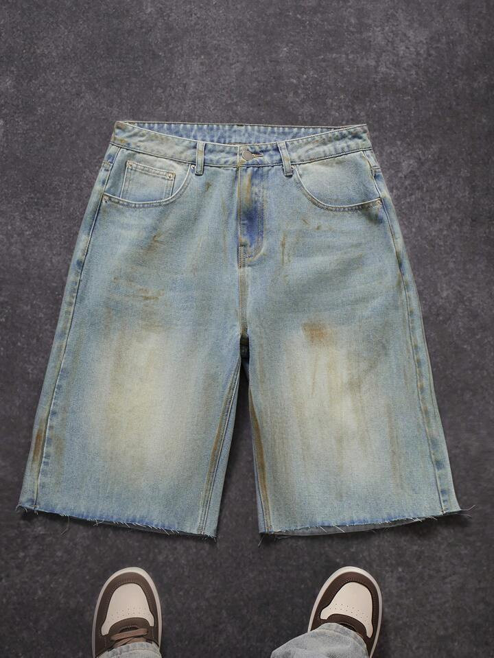 Manfinity EMRG Men's Faded Light Blue Distressed Washed Denim Loose Shorts | SHEIN