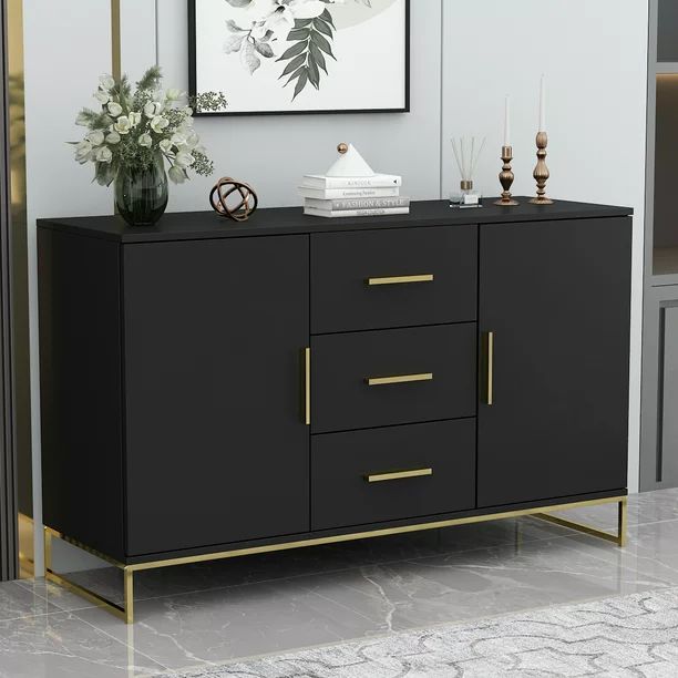 HiTowHitow Kitchen Buffet Sideboard, Black Storage Cabinet with 3 Drawers for Living Room Kitchen... | Walmart (US)