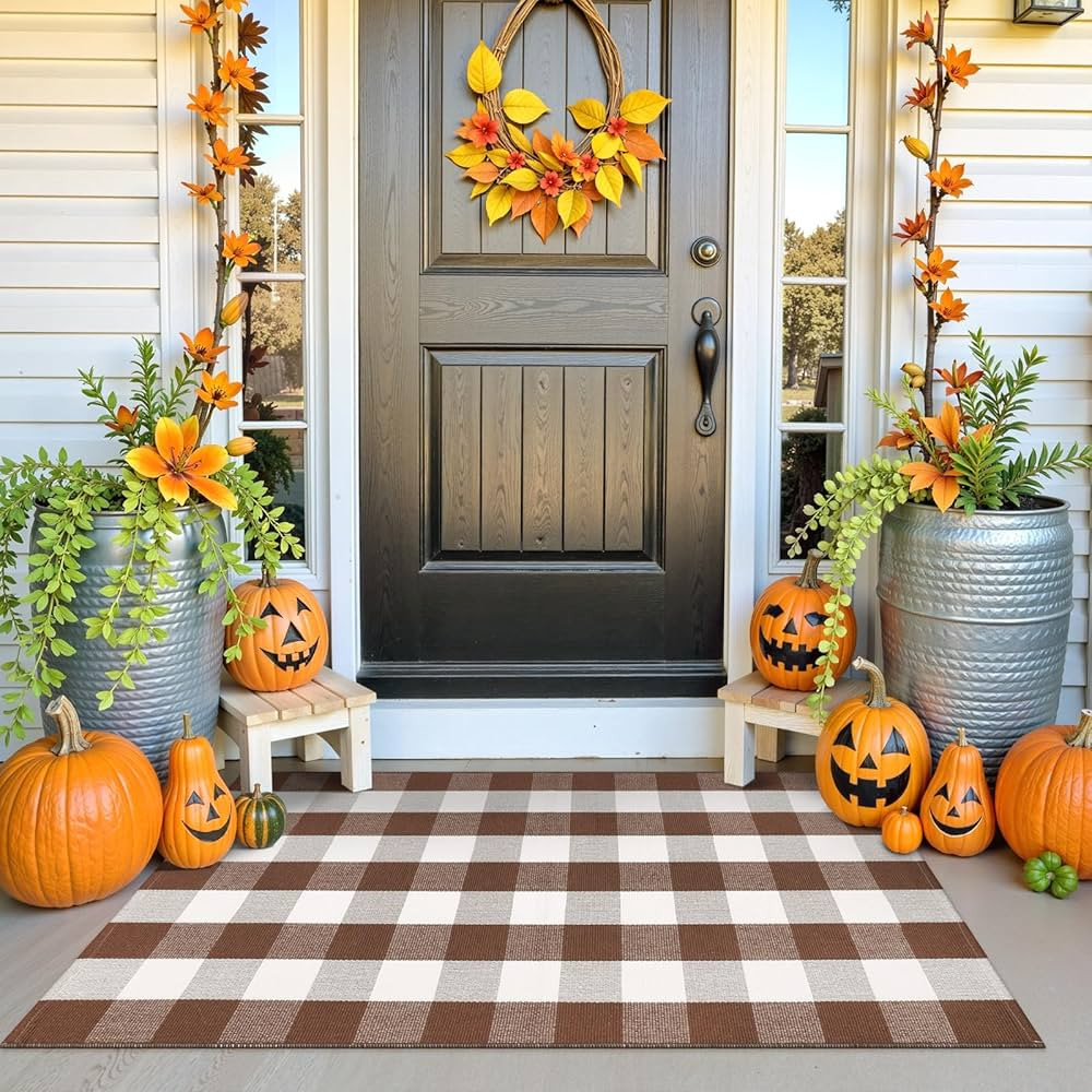 Collive 3x5 Buffalo Plaid Checkered Outdoor Rug, Fall Autumn Decor Door Mat, Coffee and White Was... | Amazon (US)